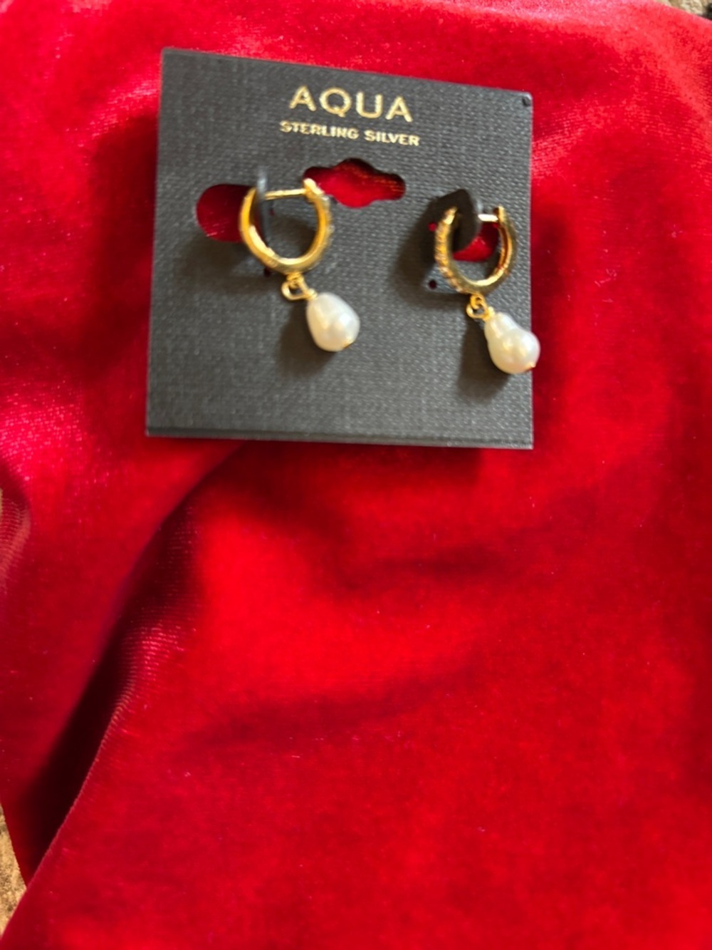 Aqua Gold Hoop Earrings with White Baroque Pearl Drops